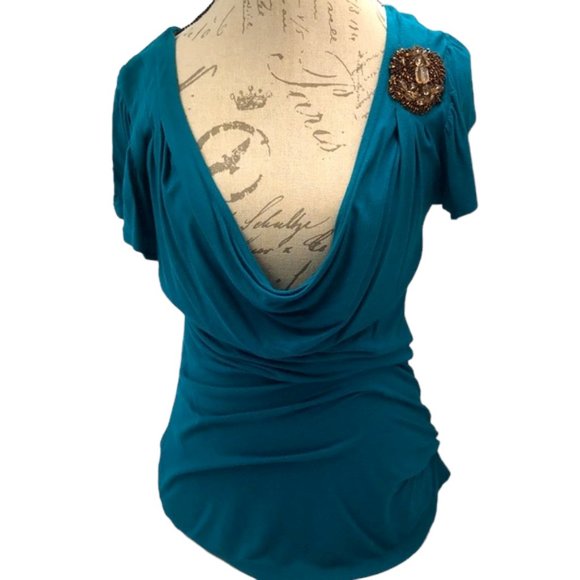 6 Degrees Teal Tunic w/ Beaded Flower Size L - Picture 1 of 4